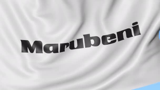 Close-up van de vlag met Marubeni Corporation logo, naadloze loops, blauwe achtergrond, redactionele animatie zwaaien. 4k Prores — Stockvideo