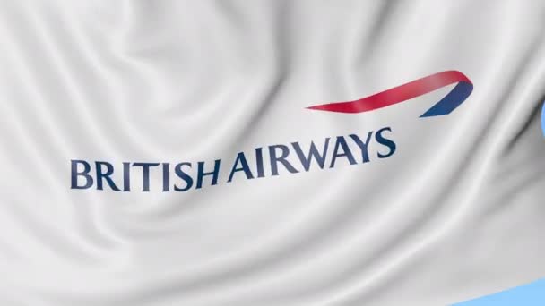 Gros plan du drapeau ondulé avec logo British Airways, boucle transparente, fond bleu, animation éditoriale. ProRes 4K — Video