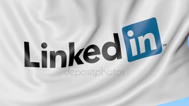 Linkedin のロゴ、シームレス ループ、青の背景、編集、アニメーションで旗を振ってのクローズ アップ。4 k Prores — ストック動画