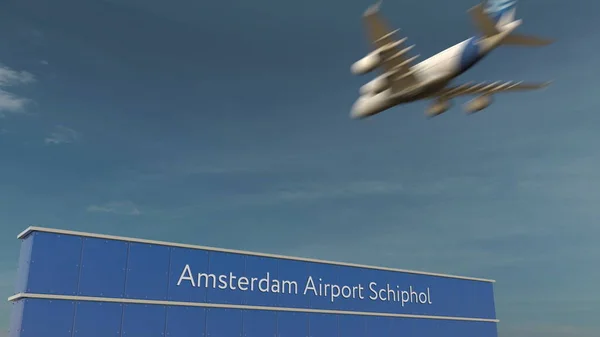 Kommersiella flygplan landar på Amsterdam Airport Schiphol 3d rendering — Stockfoto