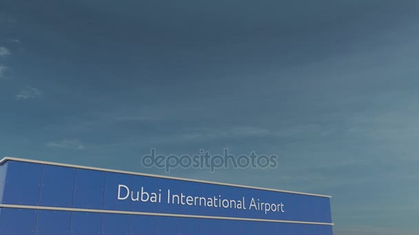 Commerciële vliegtuig landing op de internationale luchthaven van Dubai 3d conceptuele 4k animatie — Stockvideo