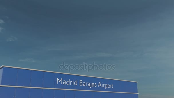 Avião comercial pouso em Madrid Barajas Airport 3D animação conceitual 4K — Vídeo de Stock