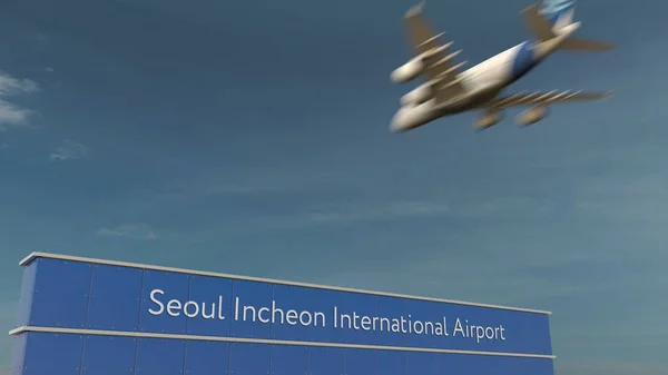 Kommersiella flygplan landar på Seoul Incheon internationell flygplats 3d-rendering — Stockfoto