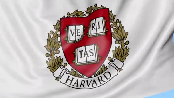Close-up da bandeira acenando com emblema de Harvard, loop sem costura, fundo azul. Animação editorial. 4K — Vídeo de Stock