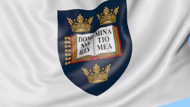 Close-up van de vlag met het embleem van de Universiteit van Oxford, naadloze loops, blauwe achtergrond zwaaien. Redactionele animatie. 4k — Stockvideo
