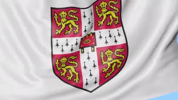 Close-up de acenando bandeira com emblema da Universidade de Cambridge, loop sem costura, fundo azul. Animação editorial. 4K — Vídeo de Stock