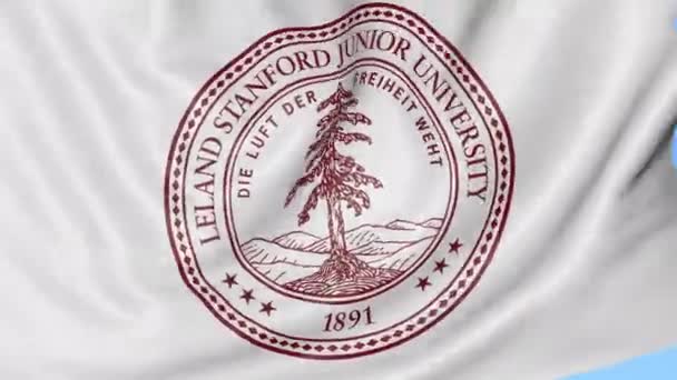 Close-up de acenando bandeira com Stanford University emblema, loop sem costura, fundo azul. Animação editorial. 4K — Vídeo de Stock