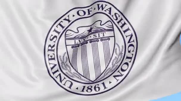 Primer plano de la bandera ondeando con el emblema de la Universidad de Washington Seattle, lazo sin costuras, fondo azul. Animación editorial. 4K — Vídeos de Stock