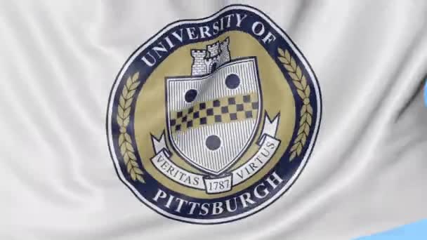 Γκρο πλαν του κουνώντας τη σημαία με το έμβλημα του Πανεπιστημίου του Πίτσμπουργκ, αδιάλειπτη βρόχο, μπλε φόντο. Σύνταξης κινούμενα σχέδια. 4k — Αρχείο Βίντεο