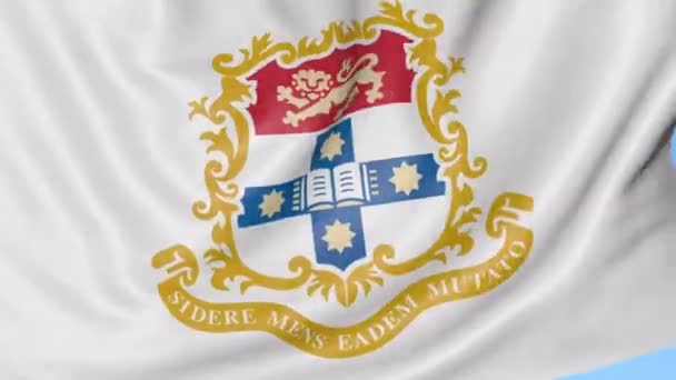 Close-up de acenando bandeira com emblema da Universidade de Sydney, loop sem costura, fundo azul. Animação editorial. 4K — Vídeo de Stock