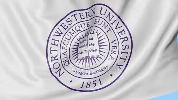 Primo piano della bandiera sventolante con emblema Northwestern University, anello senza cuciture, sfondo blu. Animazione editoriale. 4K — Video Stock