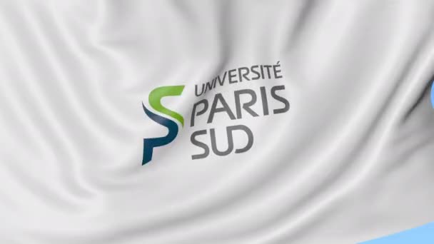 Pendekatan bendera melambaikan dengan lambang Universitas Paris Sud Paris XI, lingkaran mulus, latar belakang biru. Animasi editorial. 4K — Stok Video