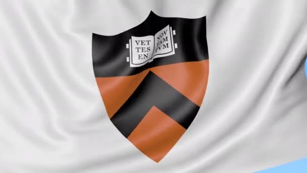 Gros plan du drapeau ondulé avec emblème de l'Université Princeton, boucle transparente, fond bleu. Animation éditoriale. 4K — Video