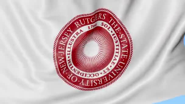Primo piano della bandiera sventolante con emblema Rutgers State University, anello senza cuciture, sfondo blu. Animazione editoriale. 4K — Video Stock