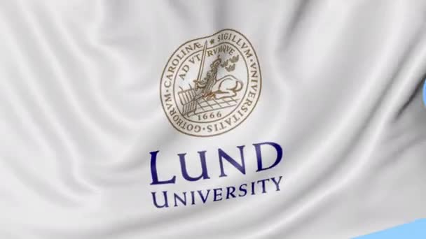 Γκρο πλαν του κουνώντας τη σημαία με το έμβλημα του Πανεπιστημίου Lund, αδιάλειπτη βρόχο, μπλε φόντο. Σύνταξης κινούμενα σχέδια. 4k — Αρχείο Βίντεο