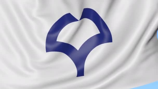 Close-up van de vlag met het embleem van de Universiteit van Osaka, naadloze loops, blauwe achtergrond zwaaien. Redactionele animatie. 4k — Stockvideo
