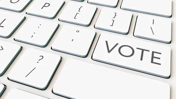 Біла клавіатура комп'ютера і клавіша голосування. Концептуальне 3D рендерингу — стокове фото