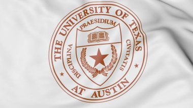 Close-up of waving flag with University of Texas Austin emblem 3D rendering clipart