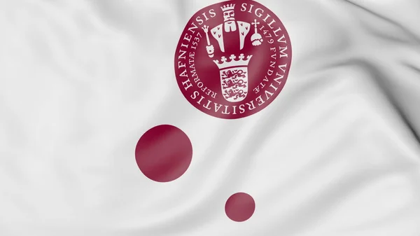 Zbliżenie: macha flagą z Uniwersytetu w Kopenhadze emblemat 3d renderowania — Zdjęcie stockowe