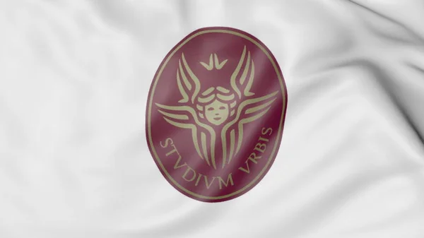Primer plano de la bandera ondeante con la Universidad de Sapienza Renderización 3D emblema de Roma —  Fotos de Stock