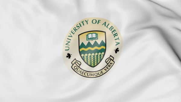 Primer plano de la bandera ondeante con el emblema de la Universidad de Alberta representación 3D — Foto de Stock