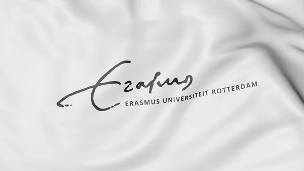 Крупный план размахивания флагом с эмблемой Роттердамского университета "Эразмус" — стоковое фото