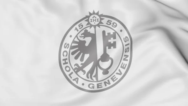 Nahaufnahme des Fahnenschwenkens mit dem Emblem der Universität Genf 3D-Darstellung — Stockfoto