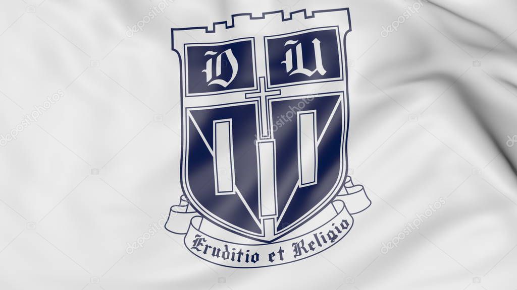 Close-up of waving flag with Duke University emblem 3D