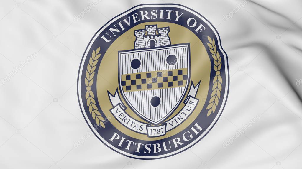 Close-up of waving flag with University of Pittsburgh emblem 3D
