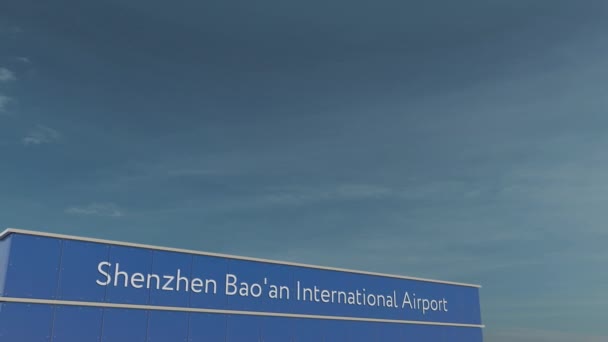 Avión comercial aterrizando en el aeropuerto internacional de Shenzhen Baoan animación conceptual 3D 4K — Vídeos de Stock