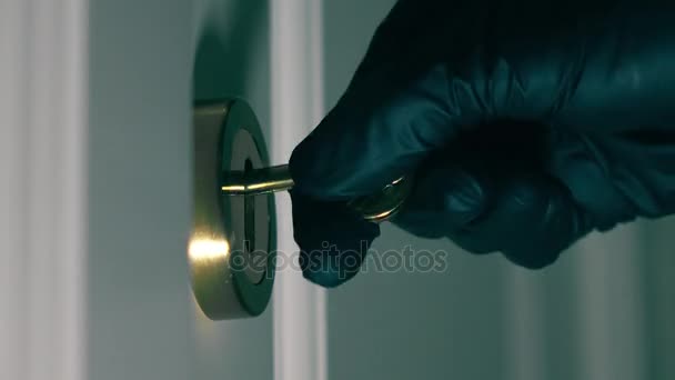 Person Wearing Black Gloves Opens Locked Door With A Key Safety Secrecy Unlock Trespassing Concepts 4k Close Up Shot