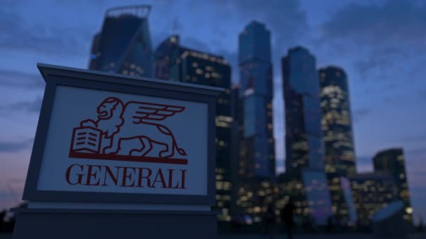 คณะกรรมการป้ายถนนที่มีโลโก้ Generali Group ในตอนเย็น พื้นหลังตึกระฟ้าย่านธุรกิจที่ไม่ชัดเจน บรรณาธิการ 3D rendering 4K — วีดีโอสต็อก