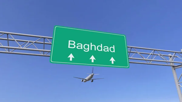 Pokój typu Twin silnika komercyjnego samolotu przybywających na lotnisko w Bagdadzie. Podróże do Iraku pojęciowy renderowania 3d — Zdjęcie stockowe