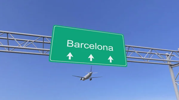 Avión comercial de dos motores que llega al aeropuerto de Barcelona. Viajar a España renderizado 3D conceptual —  Fotos de Stock