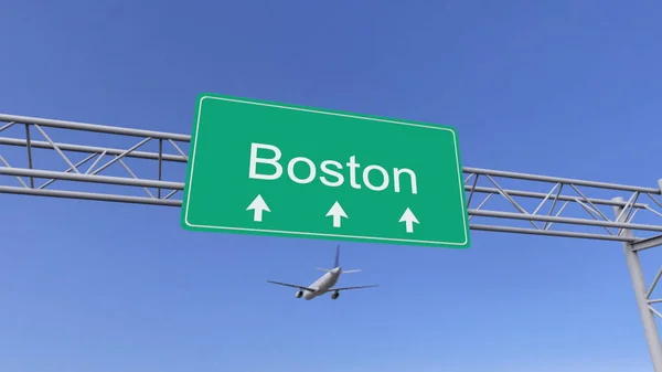 Twin motor komerční letadlo přijíždějící na letiště v Bostonu. Cestování do Spojených států koncepční 3d vykreslování — Stock fotografie