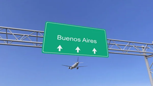 Avión comercial bimotor llegando al aeropuerto de Buenos Aires. Viajar a Argentina renderizado 3D conceptual — Foto de Stock