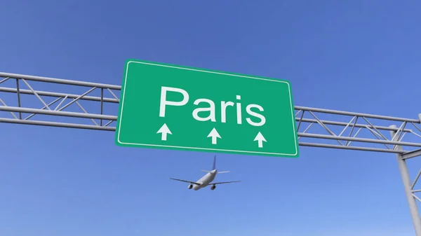 Twin engine commerciële vliegtuig aankomen naar de luchthaven van Parijs. Reizen naar Frankrijk conceptuele 3D-rendering — Stockfoto