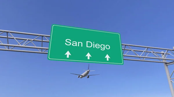 Avión comercial de doble motor que llega al aeropuerto de San Diego. Viajar a Estados Unidos renderizado 3D conceptual — Foto de Stock