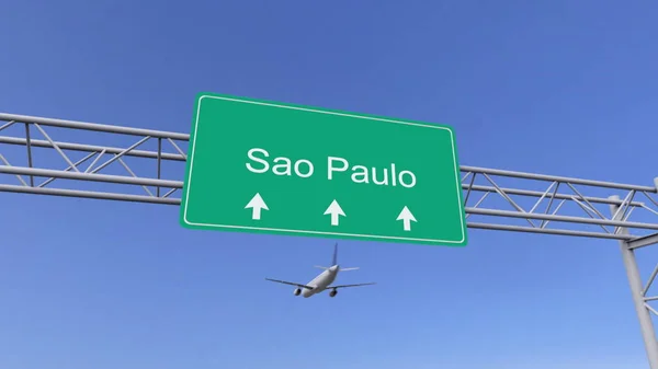 Avião comercial de motor duplo chegando ao aeroporto de São Paulo. Viajar para o Brasil renderização 3D conceitual — Fotografia de Stock
