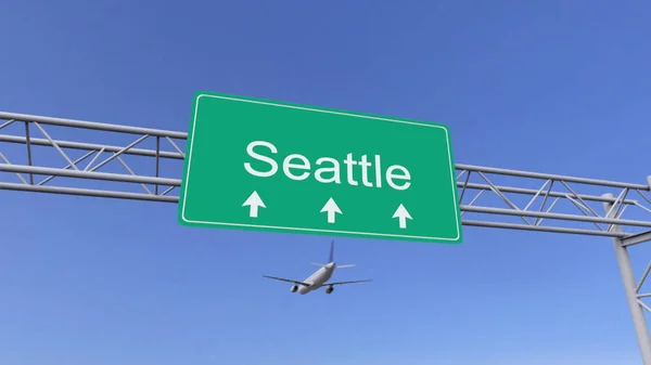 Avión comercial de doble motor que llega al aeropuerto de Seattle. Viajar a Estados Unidos renderizado 3D conceptual — Foto de Stock