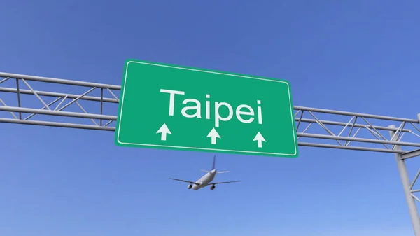 Zweimotoriges Verkehrsflugzeug bei der Ankunft auf dem Flughafen Taipeh. Reisen nach Taiwan konzeptionelles 3D-Rendering — Stockfoto