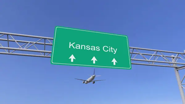 Avión comercial de doble motor que llega al aeropuerto de Kansas City. Viajar a Estados Unidos renderizado 3D conceptual — Foto de Stock
