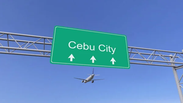 Twin engine commerciële vliegtuig aankomen naar Cebu City airport. Reizen naar Filippijnen conceptuele 3D-rendering — Stockfoto