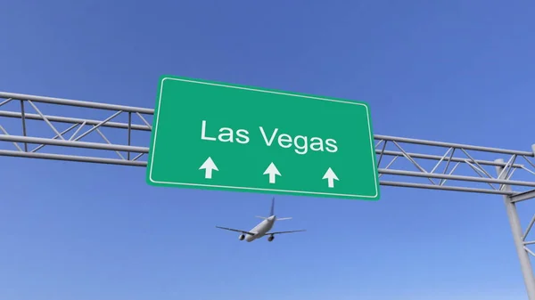 Avião comercial de motor duplo chegando ao aeroporto de Las Vegas. Viajar para Estados Unidos renderização 3D conceitual — Fotografia de Stock