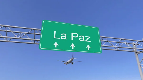 Twin engine kommersiella flygplan anländer till La Paz Flygplats. Resa till Bolivia konceptuell 3d-rendering — Stockfoto