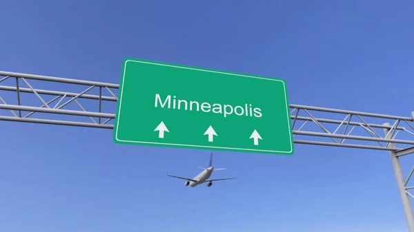 Twin motor komerční letadlo přijíždějící na letiště Minneapolis. Cestování do Spojených států koncepční 3d vykreslování — Stock fotografie