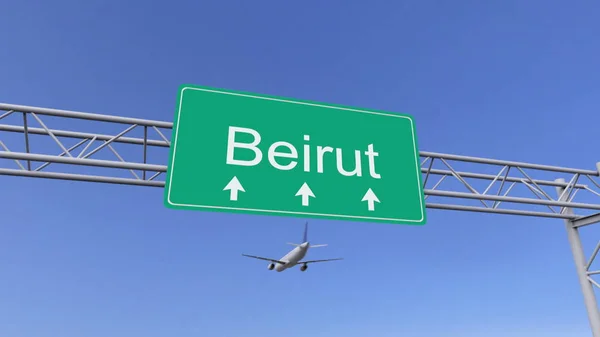 Avión comercial de doble motor que llega al aeropuerto de Beirut. Viajar a Líbano renderizado 3D conceptual — Foto de Stock