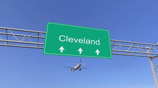 Avión comercial de doble motor que llega al aeropuerto de Cleveland. Viajar a Estados Unidos renderizado 3D conceptual — Foto de Stock
