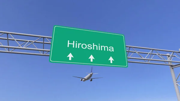 Twin engine kommersiella flygplan anländer till Hiroshima flygplats. Reser du till Japan konceptuell 3d-rendering — Stockfoto