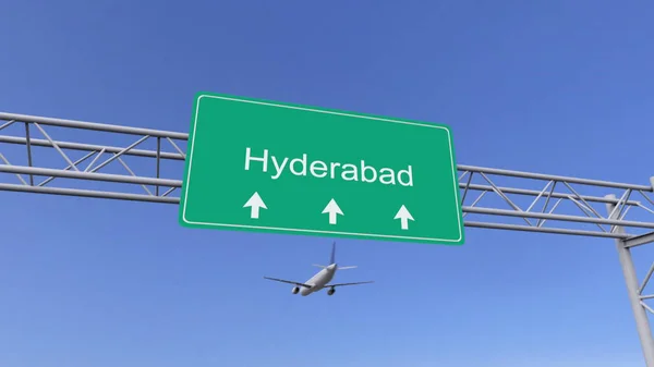 Pokój typu Twin silnika komercyjnego samolotu przybywających do Hyderabad airport. Podróż do Pakistanu pojęciowy renderowania 3d — Zdjęcie stockowe